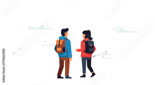 Illustration Of Two Friends Hiking Together With Backpacks Against Black Background