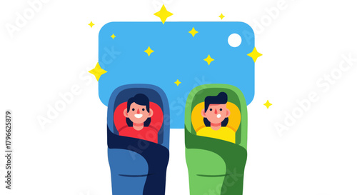 Illustration Of Two Happy Campers Sleeping Under A Starry Sky At Night