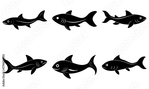 Illustration of six black fish silhouettes swimming in different directions on a white background