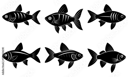 Illustration of six black silhouette fish with detailed fins and tails on a white background design element