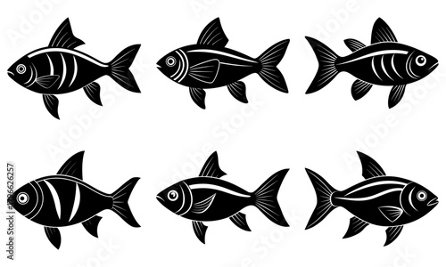 Stylized monochrome illustration featuring six fish arranged in two rows on a white background