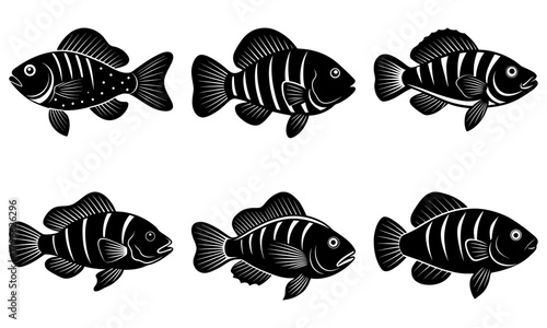 Collection of six black and white fish illustrations in varying styles and orientations