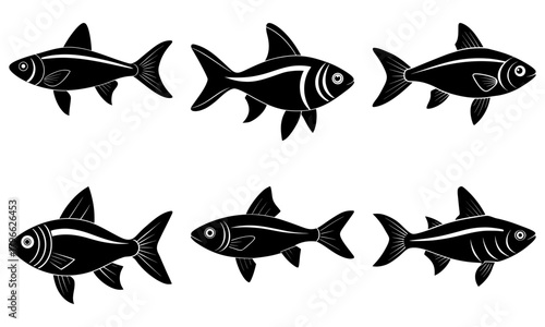 Illustration of six black fish with white stripes swimming in different directions on a white background
