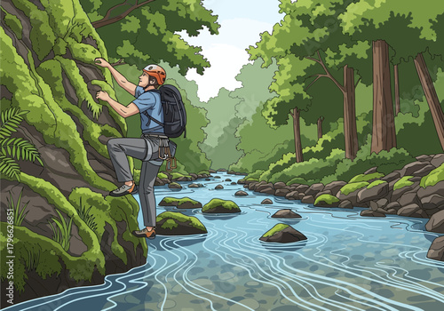 Cartoon illustration of a man rock climbing near a river in a lush forest. concept for adventure tourism, outdoor recreation and ecological awareness