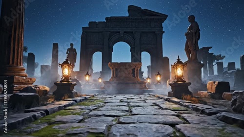 Stone ruins lit by glowing lanterns under a starry sky including columns statues archways and a stone path