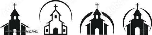 Black Silhouette Church Building Icons Set with Cross and Minimalist Religious Symbolism for Faith and Community Vector.