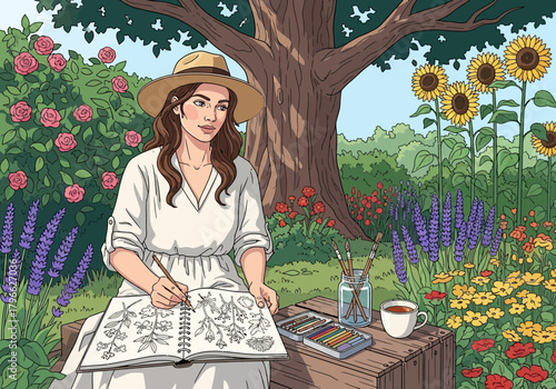 Female artist drawing floral sketches in garden, seated near sunflowers and roses, concept for creative hobby illustration, botanical art and outdoor leisure activity