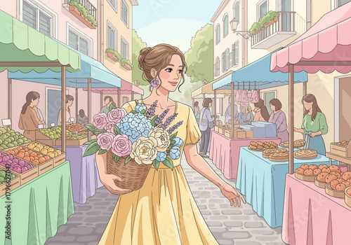 Elegant woman strolling through vibrant outdoor market holding a basket of flowers, concept for local business promotion, artisanal goods showcase and tourism advertising