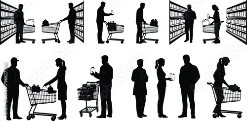 Grocery shopping silhouette vector set, supermarket people illustration, retail consumer behavior design, store cart activity scene, marketing sociology flat vector