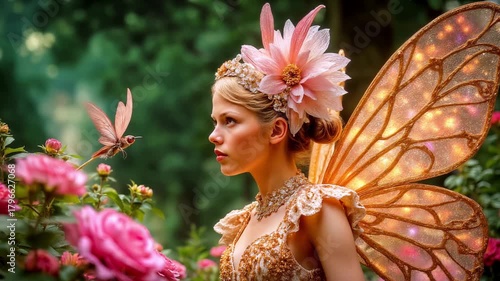 A mysterious little elf and bright exotic flowers. A magical fairy with shimmering wings, beauty, girl, woman, fantasy, fairytale dream