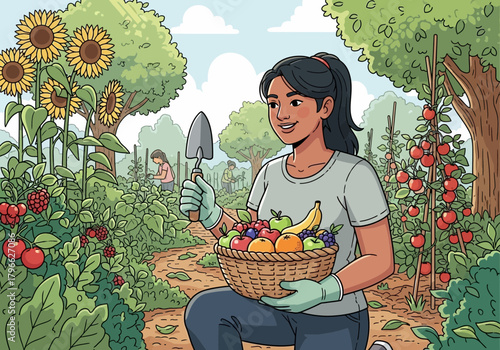 Illustration of a woman holding a basket full of fresh fruits and gardening tool in a flourishing garden, concept for promoting healthy eating habits, community gardens and sustainable agriculture