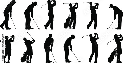 Golf player silhouettes in swing motion, preparation, follow‑through, golf clubs, golf bags, sports activity illustration, athletic training design, flat vector