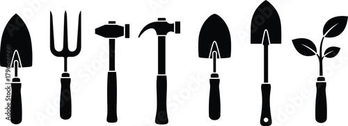 Black Silhouette Icons Set of Gardening and Hand Tools, Including Shovels, Fork, Hammer, and Young Plant Vector.