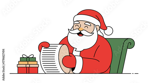 Santa's Checklist and Gifts: A cheerful Santa Claus, attired in his iconic red suit and hat, reviews a list next to carefully wrapped presents. Capturing the spirit of giving and joyful anticipation