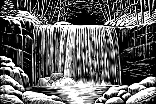 A powerful waterfall turned solid into layers of crystal ice, surrounded by snowy rocks and dark winter forest, forming a stunning natural sculpture