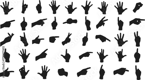 Hand gesture silhouettes, finger signs, thumbs up, peace sign, pointing, fist, open hand, communication, symbol, expression, nonverbal, body language