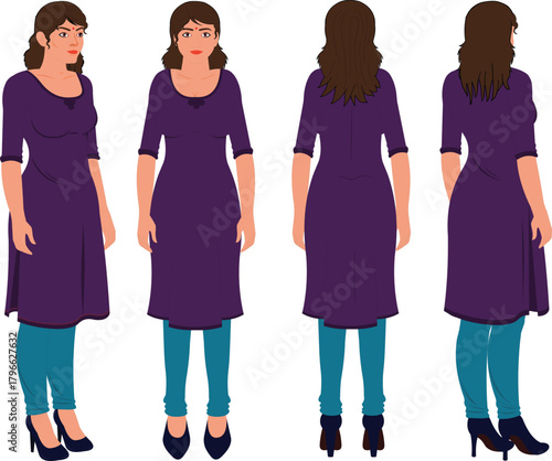 all view poses of woman in kurta animation ready vector illustration