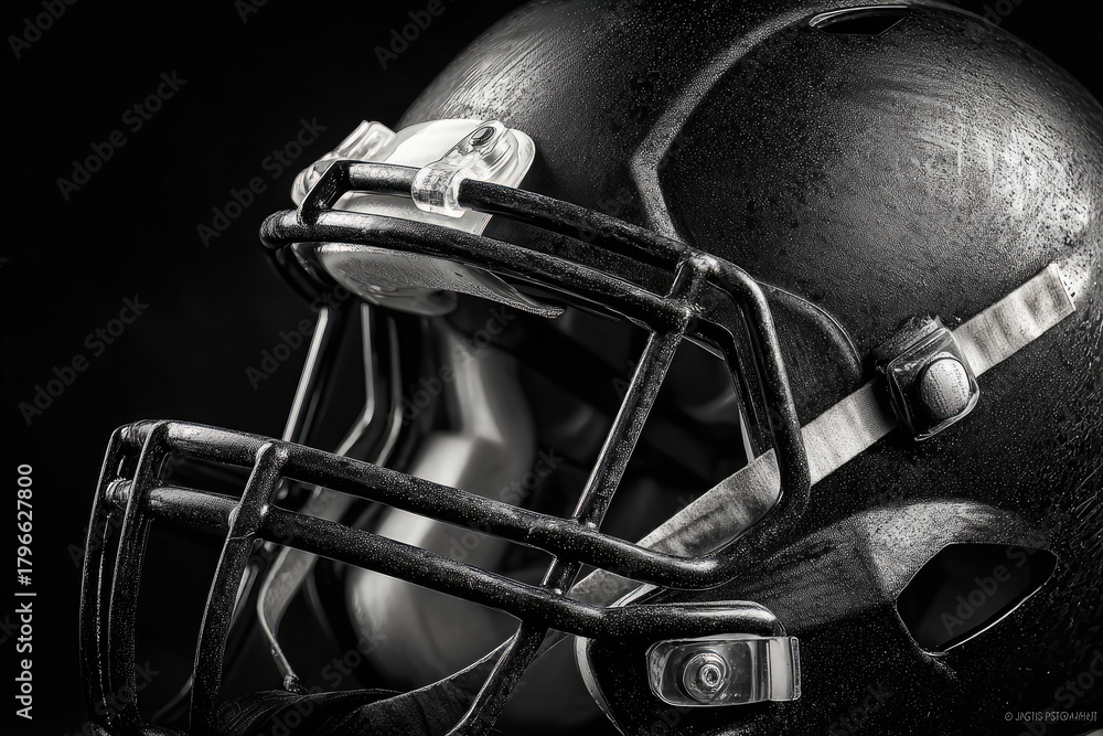 Fototapeta premium A black and white close-up of a football helmet with a dark background