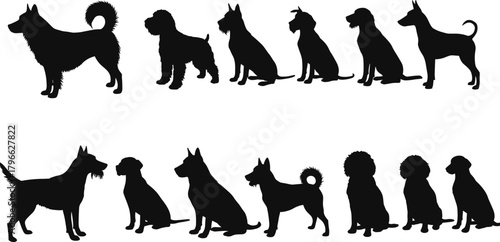 Dog silhouette collection featuring multiple breeds in standing and sitting poses, ideal for pet design projects, animal graphics, modern vector illustration use