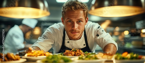 Focused chef preparing food in restaurant kitchen.
