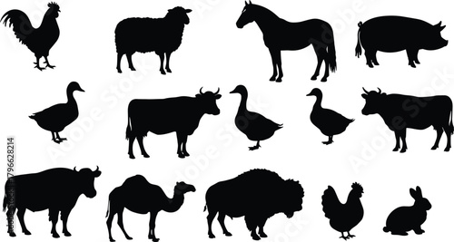 Farm animal silhouette collection featuring rooster, sheep, horse, pig, cow, goose, camel, bison, rabbit, ideal for agriculture design, rural vector projects