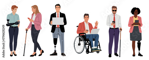 Diverse business people with disabilities, including prosthetics, wheelchair users, and mobility aids, representing modern inclusive workplace and accessibility concepts. Vector illustration isolated 