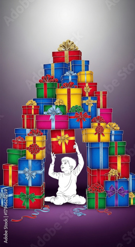 Illustrated white figure sitting under a large arch of colorful gift boxes.