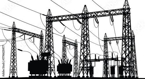 High voltage electrical substation silhouette featuring transformers, powerlines, steel towers, detailed vector 