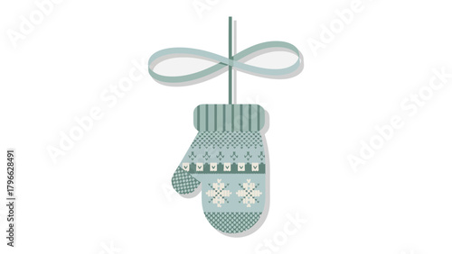 Festive Mitten Ornament: A detailed depiction of a winter mitten adorned with intricate patterns, suspended gracefully from a delicate bow. Perfect for seasonal decorations, conveying warmth, comfort.