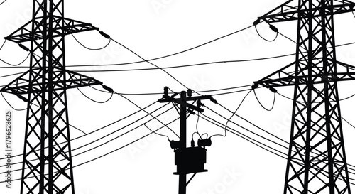 High voltage transmission towers and electrical distribution pole silhouette, detailed vector illustration showcasing power infrastructure, utility networks, overhead cables, 