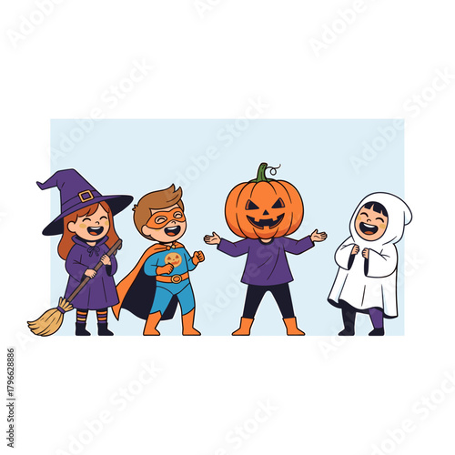 Joyful kids dressed in Halloween costumes: witch, superhero, pumpkin, ghost illustration