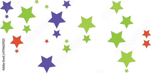 A scattering of colorful star shapes in purple, green, and red, isolated on a white background