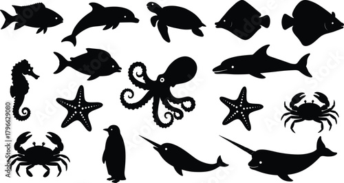 Marine animal silhouette collection featuring fish, dolphins, turtles, stingrays, octopus, seahorses, starfish, crabs, penguin and narwhal, perfect for ocean wildlife vector projects