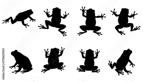 Set of black frog silhouettes in various jumping and sitting positions, amphibian animal vector illustration, wildlife nature concept, isolated on white background