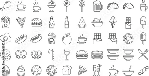 Large Outline Food and Drink Icons Set Including Meals, Snacks, Desserts, and Beverages Vector Collection.