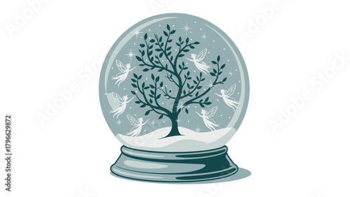Snow Globe of Wonder: An enchanting snow globe showcases a serene winter landscape, where a delicate tree is embraced by playful, ethereal beings amidst softly falling snowflakes.
