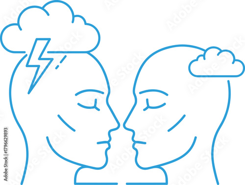 Line Art Illustration of Two Heads Contrasting Inner Conflict, Stress, and Mental Calmness or Communication Vector.