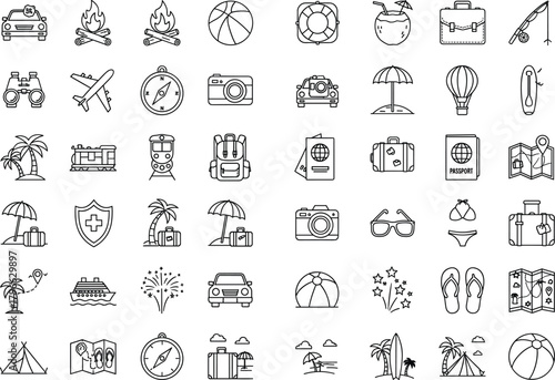 Large Line Art Travel and Vacation Icons Set for Holiday, Adventure, Beach, and Transportation Themes Vector Collection.