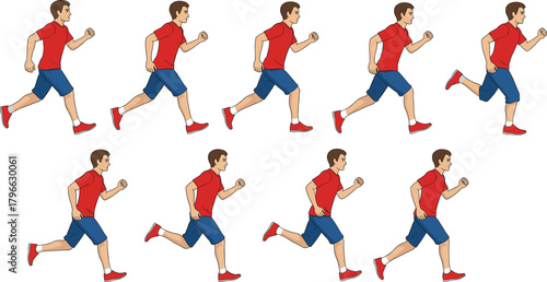 Male Running Animation Sprite Sheet Vector Sequence for Game Development, Fitness, and Active Lifestyle Design.