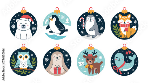 Holiday Charm: A collection of festive ornaments, each showcasing a different adorable creature, from playful penguins to a charming reindeer, embodying the warmth and joy of the holiday season.