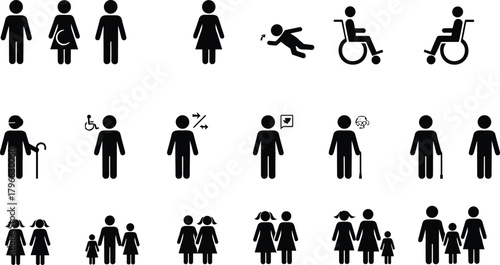 Human Pictograms Set for Disability, Pregnancy, Elderly, Family Structures, and Public Signage Black Silhouette Vector.