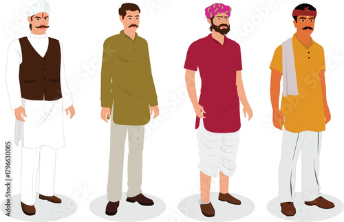 collection of indian village man in kurta lungi pant animation ready vector illustration