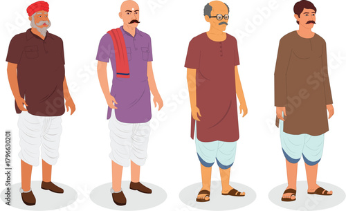 collection of indian village man in kurta lungi animation ready vector illustration