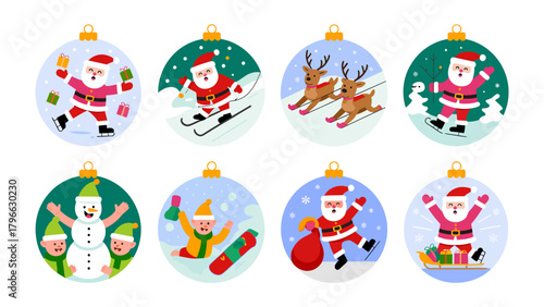 Christmas Ornament Collection: A vibrant collection of Christmas ornaments featuring festive illustrations and joyful characters, embodying the spirit of the holiday season, perfect for decorations.