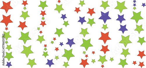 A colorful collection of red, green, and purple stars scattered across a white background, creating a festive and playful visual
