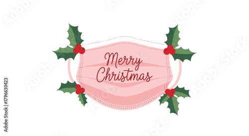 Festive "Merry Christmas" face mask with holly berries celebrates holiday spirit safely, adding cheer to a unique year end celebration