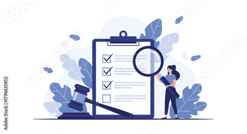 Inspect legal compliance checklist with magnifying glass, ensuring due diligence and accuracy for business regulations and legal standards