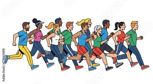 Dynamic group of diverse runners sprinting together for fitness and fun in a marathon race, promoting teamwork, health, and active lifestyle inspiration