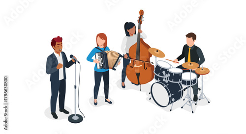 Dynamic band performing live music with singer, accordion, bass, and drums for entertainment, shows, concerts, and festivals events