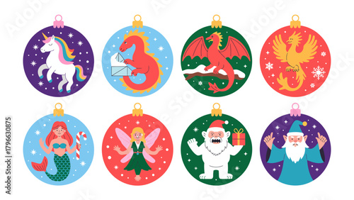Ornamental Fantasy: A vibrant collection of Christmas ornaments adorned with fantastical creatures. A whimsical array, ready to bring joy and wonder during the festive season. 